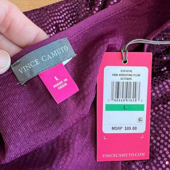 Vince Camuto Metallic Knit Flutter Sleeve Top LARGE Arresting Plum - Picture 8 of 10